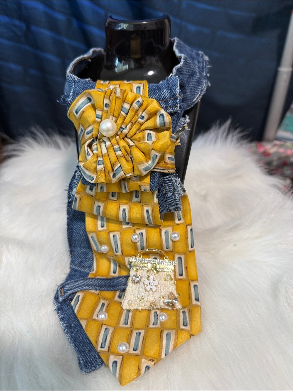 Yellow Patterned Women's Denim-Accent Jeans Accessory Junk Tie